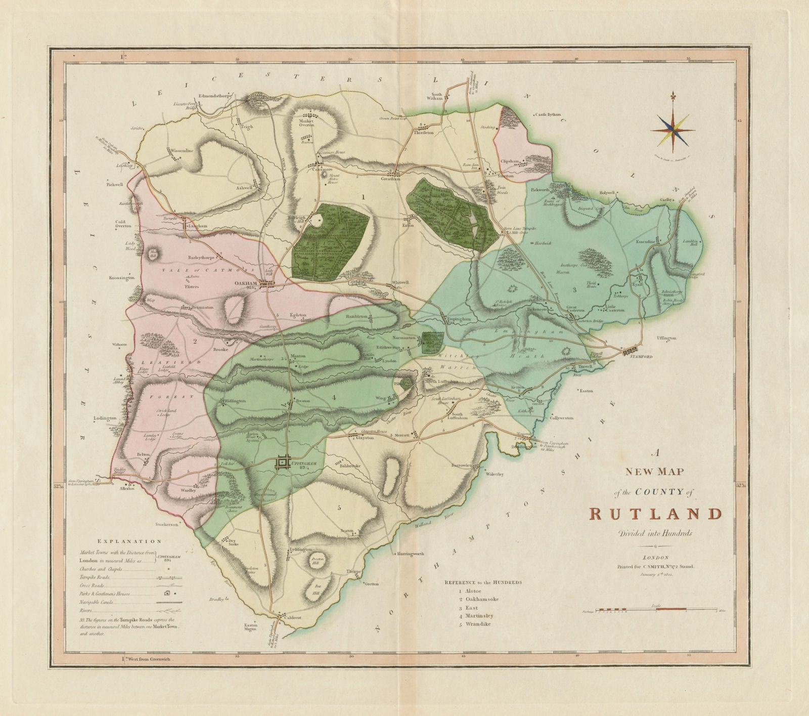 'A New Map of the County of Rutland', by Charles Smith. Oakham Uppingham 1801
